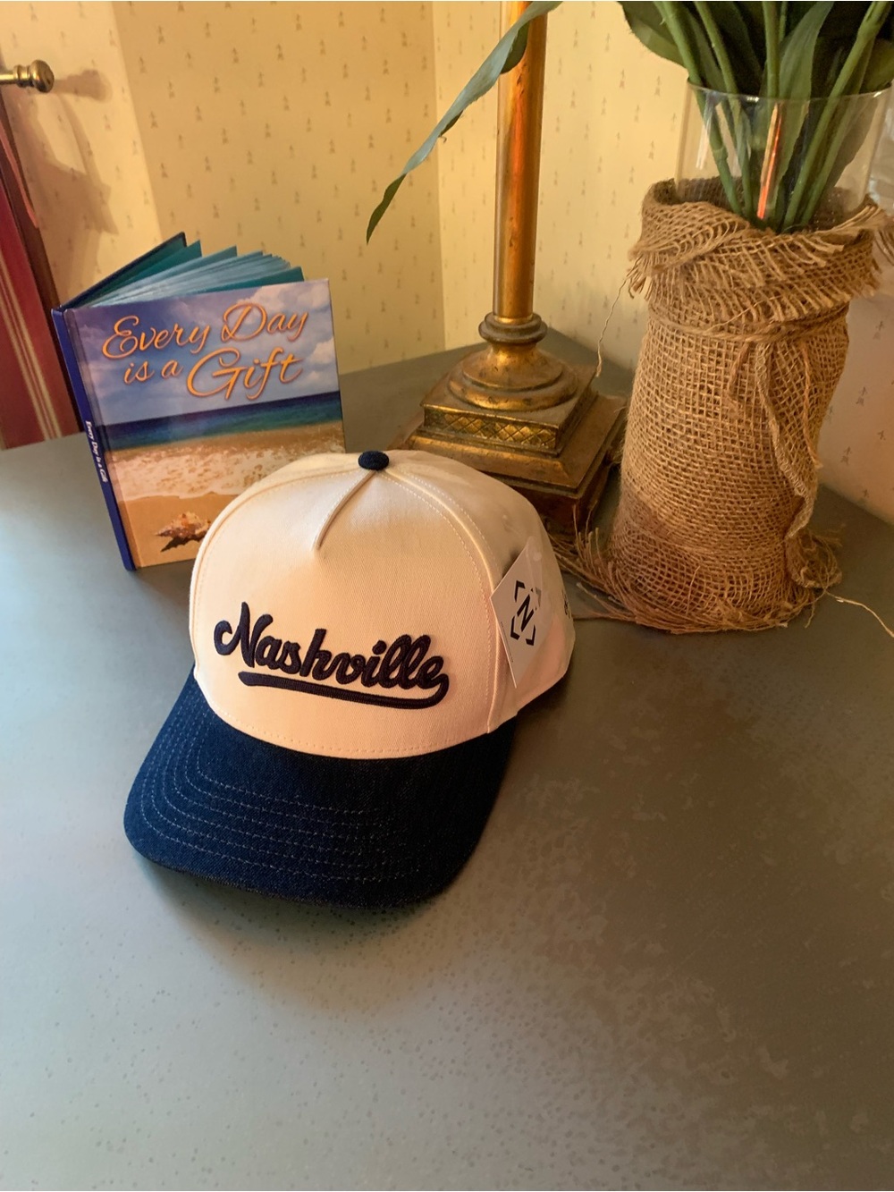 Nashville, NEW WITH TAGS, Chain stitch, WHITE denim baseball cap with NAVY brim.